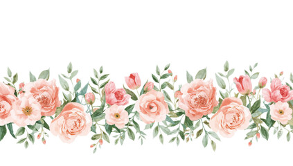 Soft pastel blush roses and peonies create a beautiful hand-painted watercolor horizontal botanical frame, ideal for charming design projects and elegant stationery