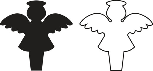 Angel silhouettes black flat, outline icons set. Holy spirit wings halo vectors collection, religious guardian celestial figure symbolic illustration for Christmas, faith, spirituality and heaven art.