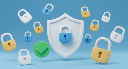 Cybersecurity and data protection illustration with shield and padlock icons floating for website and social media use for a safe online presence