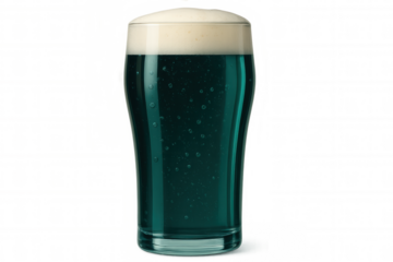 Frothy green beer filling pint glass, celebrating irish holiday with vibrant emerald-colored beverage against clean transparent backdrop