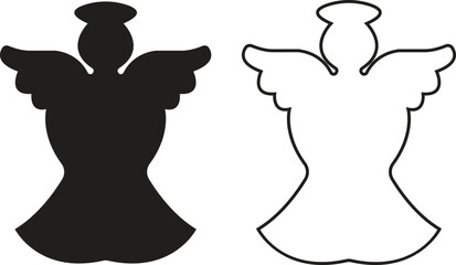 Angel silhouettes black flat, outline icons set. Holy spirit wings halo vectors collection, religious guardian celestial figure symbolic illustration for Christmas, faith, spirituality and heaven art.