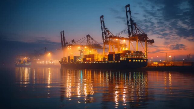 A large cargo ship docks in a busy port at twilight, illuminated by the warm glow of lights reflecting on the water.