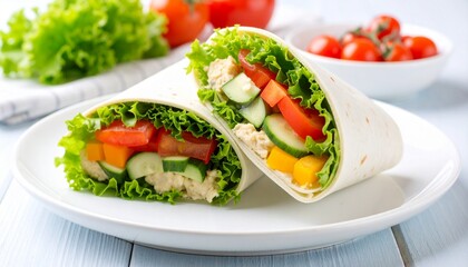 Vegetarian wrap filled with fresh vegetables and hummus. Perfect stock image for diet, vegan lifestyle, healthy food, and lunch inspiration projects.