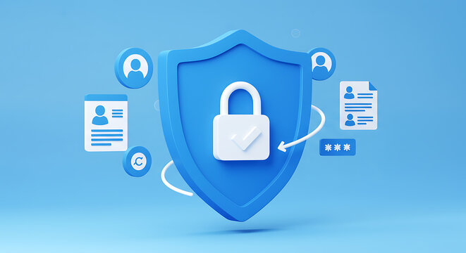 Data protection shield with personal information icons representing cybersecurity and privacy in digital network internet secure connection and access to data online