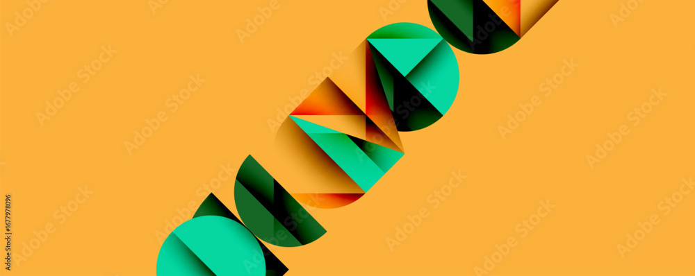 Poster abstract geometric shapes form diagonal line. colors include orange, green, brown. minimalist design