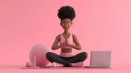 A cartoon - style woman sits cross - legged on a yoga mat in a meditative pose, wearing pink sportswear, with a yoga ball, water bottle, laptop, etc., against a pink background.