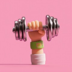 A cartoon - style hand holding a metallic dumbbell, with a green wristband and a white sweatband, against a solid pink background.