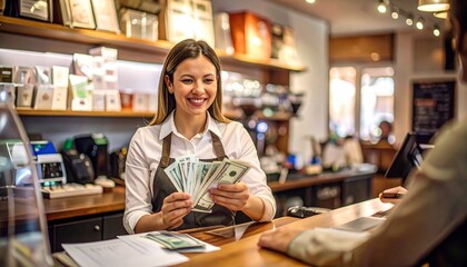Cheerful female entrepreneur counting cash earnings at her cafe counter, symbolizing a profitable sale and small business success
