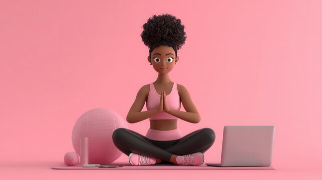 A cartoon - style woman sits cross - legged on a yoga mat in a meditative pose, wearing pink sportswear, with a yoga ball, water bottle, laptop, etc., against a pink background. - Powered by Adobe