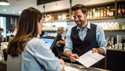 Smiling waiter providing excellent service by presenting a document to a female customer at the bar