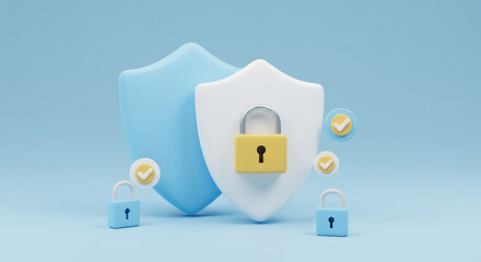 Digital data protection and security concept featuring shields padlock and checkmark icons on light blue backdrop showcasing internet security solutions