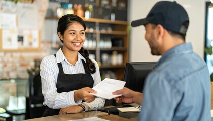 Smiling small business owner provides excellent customer service, handing important documents to a client at the counter, showcasing efficient and friendly operations in a modern cafe setting