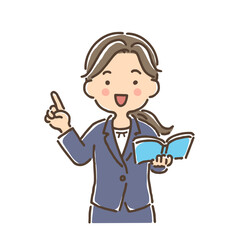 開いた本を持ち人差し指を立てているスーツ姿の若い女性（フルカラー）