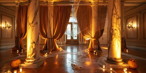 Elegant hall decorated for a spooky Halloween celebration with pumpkins and cobwebs