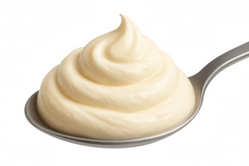 Delicious mayonnaise in a spoon, isolated on a transparent background, ready to be added to any dish