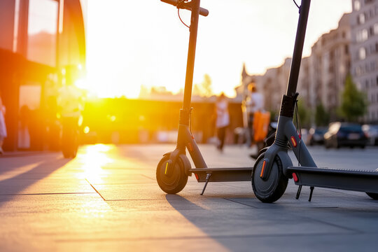 Electric Scooters Parked in Modern Transit Plaza at Sunset