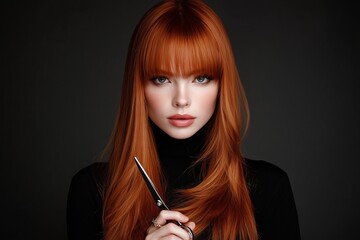 Obraz premium Close-up of a beautiful woman with long straight red hair and bangs holding scissors near her head, professional studio beauty portrait for hair salon advertising