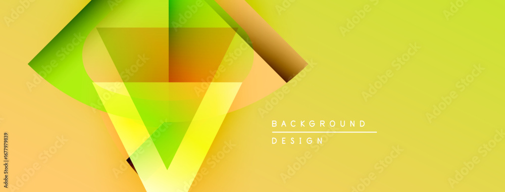 Poster abstract geometric shapes overlap, creating vibrant yellow, orange gradients. modern design elements