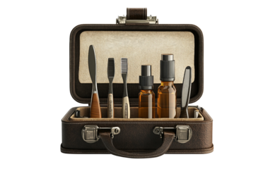 Stylish grooming kit for men featuring premium razor scissors brush and essential tools isolated on transparent background PNG