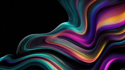 Abstract digital artwork featuring colorful, flowing wave - like shapes in vibrant colors (teal, purple, pink, orange) against a black background.