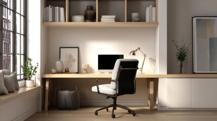 Modern home office interior desk chair built in shelving and window view