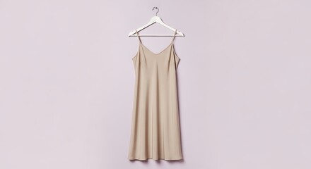 Silk Dress Hanging on White Hanger Against Pastel Violet Background
