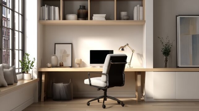 Modern home office interior desk chair built in shelving and window view