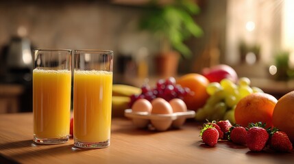 Two glasses of orange juice on a wooden table, surrounded by strawberries, grapes, oranges, bananas, eggs, with a blurred kitchen background.