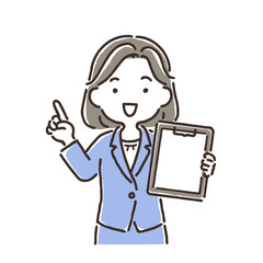 クリップボードを持ち人差し指を立てているスーツ姿の若い女性（シンプル）