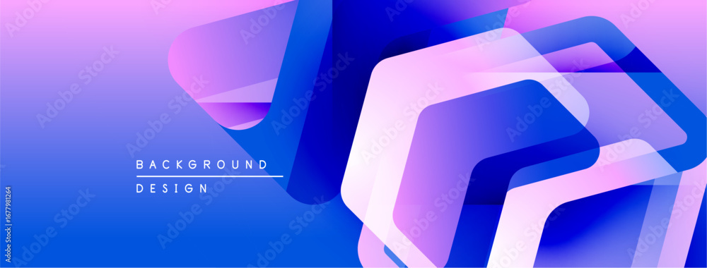 Poster abstract geometric shapes overlap, creating vibrant blue, purple gradients. modern design elements s