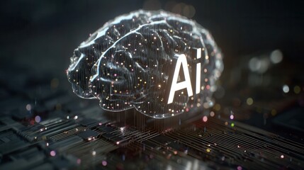 A digital brain with "AI" text, surrounded by glowing dots, placed over a circuit board, representing artificial intelligence and technology.