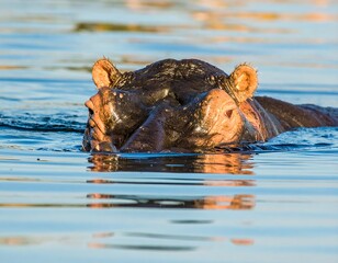 Fototapeta premium Close-up of a hippopotamus's head and shoulders in water