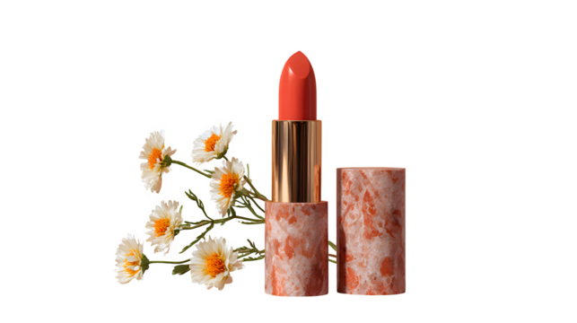 Coral Lipstick and Daisy Flowers, isolated on transparent background - Powered by Adobe
