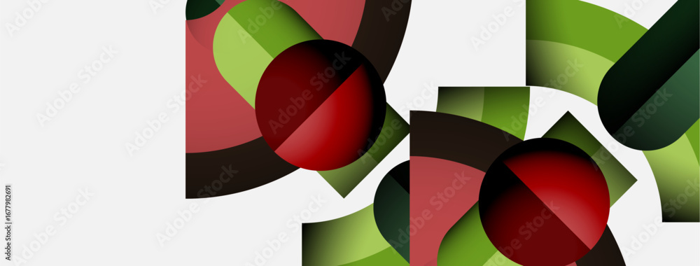 Poster abstract geometric composition. red circles contrast green, brown hues. shapes overlap, creating dyn