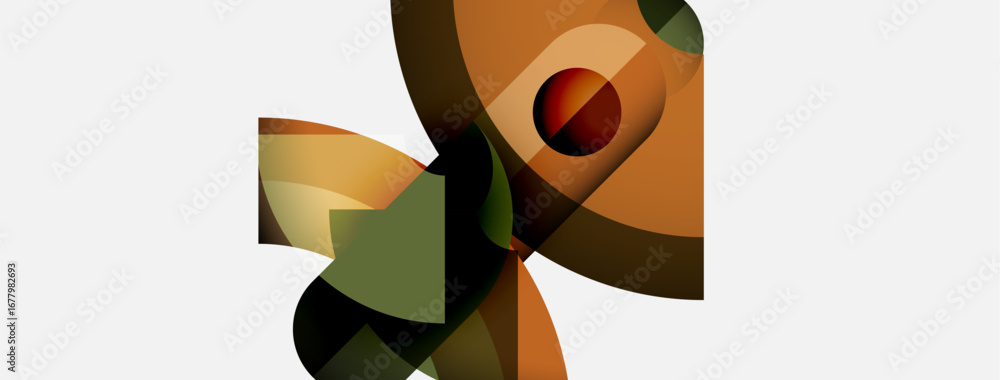 Poster abstract geometric shapes overlap, creating dynamic composition. warm colors dominate, with subtle g