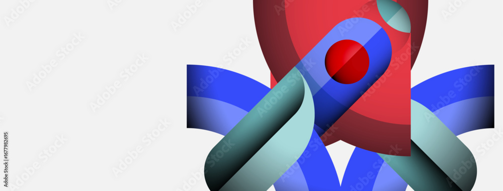 Poster abstract design features intertwined ribbons, red sphere. modern, vibrant colors create dynamic visu