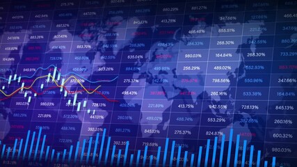 Financial stock market chart with world map background, candlesticks, trend lines, and data analysis visuals for global finance and trading themes. - Powered by Adobe