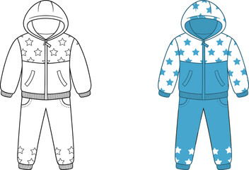 Kids star print hoodie and pants set, children’s casual outfit, hooded jacket design, star pattern clothing, toddler winter wear, kids fashion illustration, kids apparel flat sketch