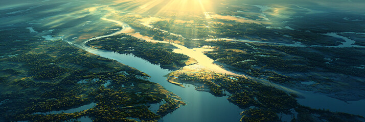 Obraz premium Aerial View of Tranquil River Landscape with Sunlight Reflection