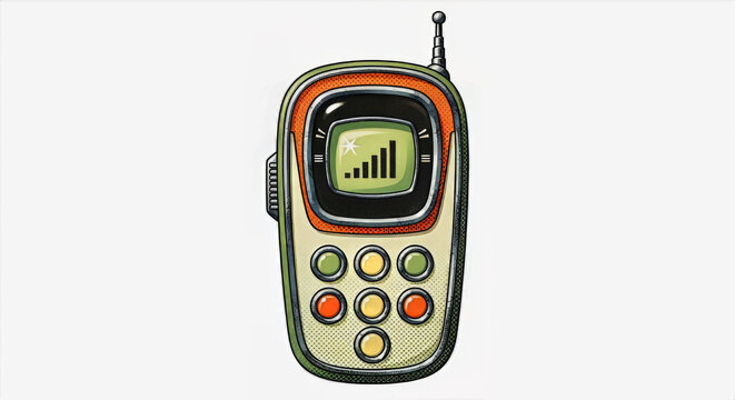 A vintage mobile phone with an antenna and a screen displaying signal strength on a white background
