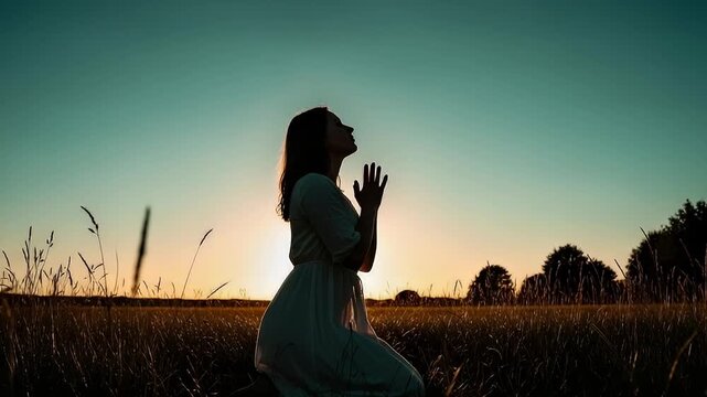 Silhouette Of Woman Praying At Sunset In Field Showing Golden Light And Serene Atmosphere