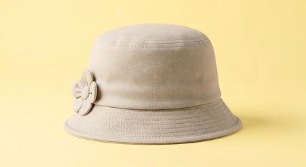 Stylish Beige Bucket Hat with Flower on Soft Yellow Background