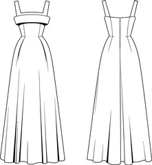 Long evening dress sketch, sleeveless gown fashion flat, front and back view, formal dress illustration, women’s clothing design, technical vector drawing