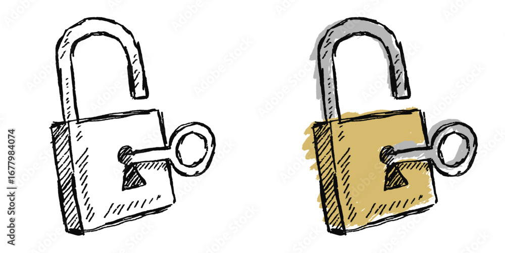 Poster grunge hand drawn sketch unlock padlock vector for security, access, and digital privacy. useful for