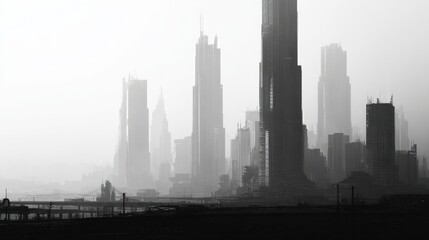 Foggy Urban Skyline with Skyscrapers in Monochrome Contrast and Atmospheric Perspective Above City Landscape