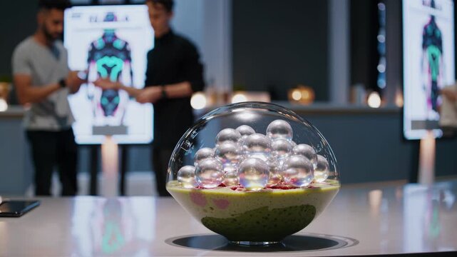 Futuristic laboratory featuring scientists analyzing a 3d model of a human body on a transparent digital screen, with a biodome of spheres suggesting advanced research