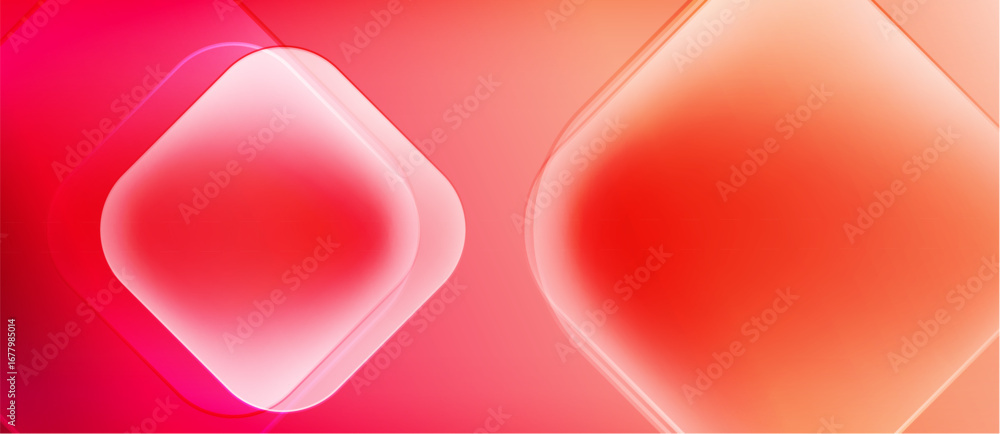 Poster abstract composition featuring layered squares. gradient shades transition from deep red to bright p