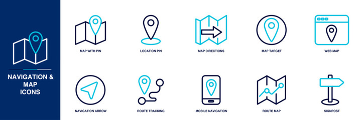 Navigation & Map Blue Colored Outline Icon Set