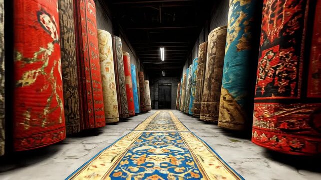 Rows of colorful carpets displayed in a vibrant market hallway inviting visitors to explore intricate designs and textures