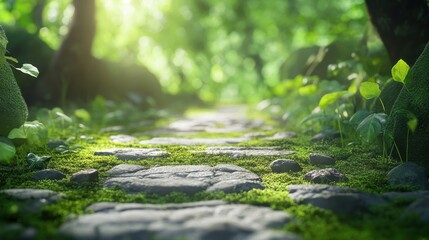 Fototapeta premium Stone path with green moss leads into a bright and sunlit forest. It's perfect for projects about nature, tranquility, or getting away.